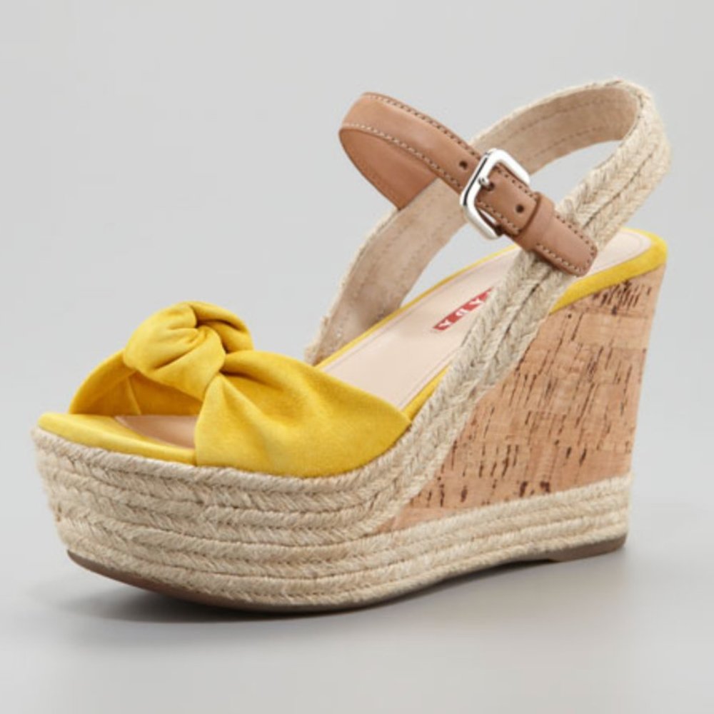 Prada Suede Knot Cork Wedge, Yellow~IT38/US8